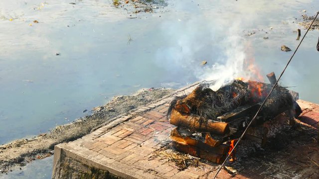 The Hindu ritual of cremation in Pashupatinath Kathmandu, close up