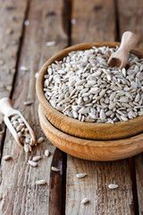 sunflower seeds in a wooden bowl