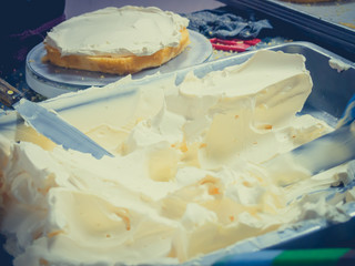 close up cake making in cake industry with vintage filter