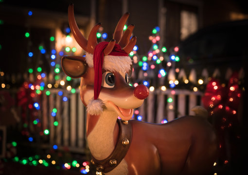 Rudolph the raindeer with bokeh of Christmas lights
