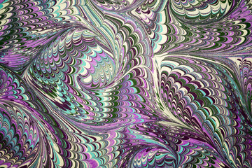 Ebru art. Traditional Turkish Ebru technique. Painting on water, followed by paper prints. Color paint ebru with waves and tile pattern.