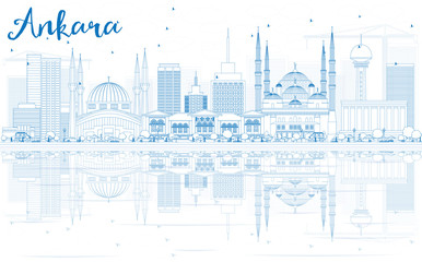 Naklejka premium Nakreśl panoramę Ankary z niebieskimi budynkami i odbiciami.