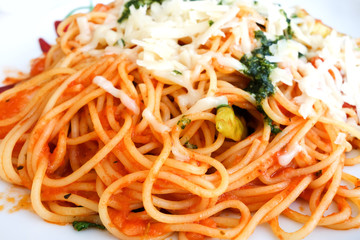 close-up of plate of pasta and Mussels with tomato