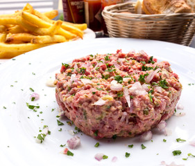 tasty Steak tartare (Raw beef) - classic steak tartare on white