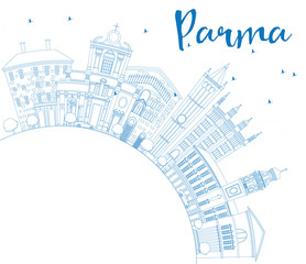 Outline Parma Skyline with Blue Buildings and Copy Space.