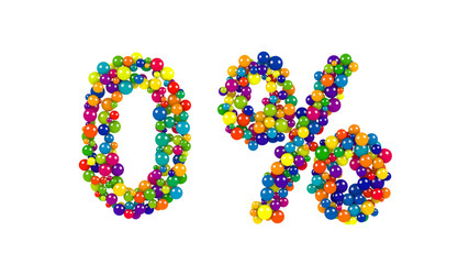 Zero percent symbol in colorful balls on white