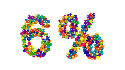 Fototapeta na wymiar Colorful spheres in the shape of six percent