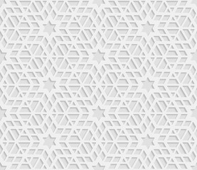 Seamless 3D white pattern, arabic geometric  pattern, indian ornament, persian motif,  vector. Endless texture can be used for wallpaper, pattern fills, web page  background,  surface textures.