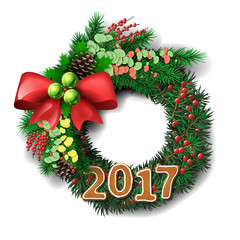 Evergreen holiday wreath with gingerbread number of 2017 year
