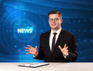 Modern televison presenter telling the news with tehnology backg