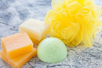 handmade soap on a table, selective focus