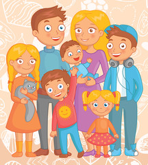 Big happy cheerful family consisting of a father, mother, daughters, sons, and cat, posing together. Funny bright cartoon character. Vector illustration.