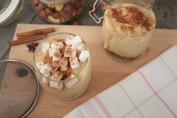 banana smoothie with marshmallows and chocolate. delicious Breakfast on Christmas eve.