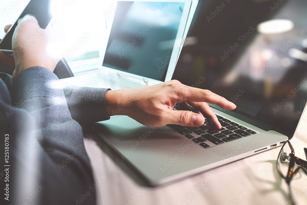 Poster Website designer working digital tablet and computer laptop with