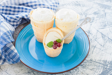 ice cream in a wafer cup on a plate, selective focus