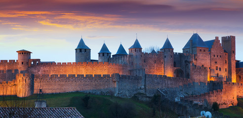 Naklejka na ściany i meble The fortified city in evening. Carcassonne