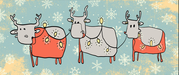 Set of Christmas Reindeer. Cartoon Character of deer. Christmas vector illustration. Christmas card.