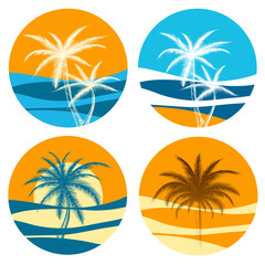 Fototapeta na wymiar Palm paradise logo vector set. Colorful icons with sunrise and palm trees