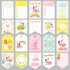 Fototapeta na wymiar Baby Flamingo Tags. Baby Banners. Scrapbook Labels. Cute Cards