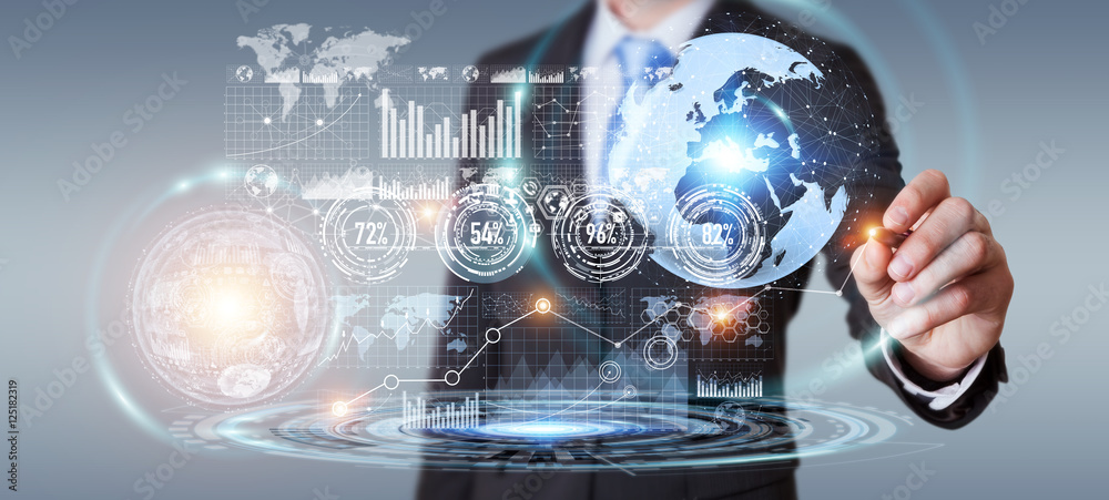 Poster businessman using hologram screen with digital data