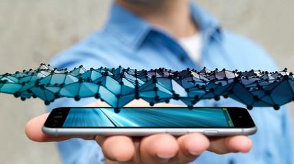 Businessman holding abstract wave connection over his mobile pho