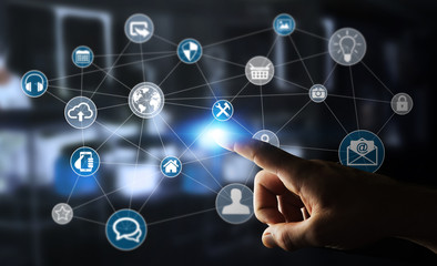 Businessman touching multimedia network 3D rendering
