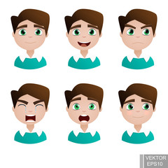 Young guy. Face. Different emotions. Anger, joy, laughter, sadness. Avatar. Simpotichnyh. Lovely man. Icon.