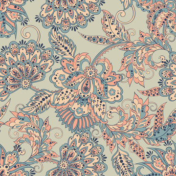 Floral Pattern in Indian Batik Style. Seamless Vector background