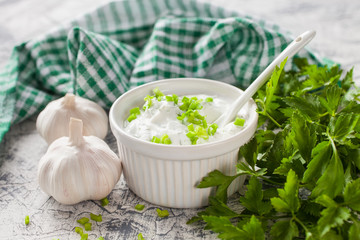 sauce with fennel in a bowl on a table, selective focus