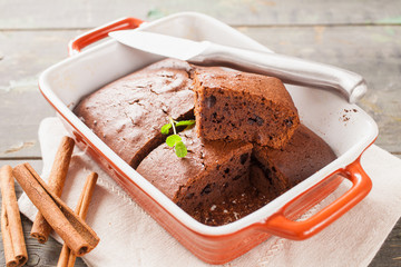 chocolate cake on a table, selective focus