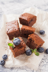 Brownie stack, chocolate cake on a  table. selective focus