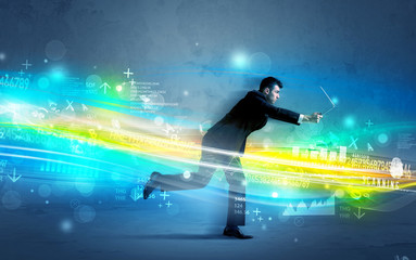 Fototapeta premium Business man running in high tech wave concept