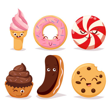 Collection sweets emotion dessert candy and doodle icon, cute cake, candy, sweet ice cream, cookie. Confectionery caramel sweet set. Comic characters. Vector illustrations.