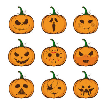 Pumpkins with different emotions. Halloween vector illustration. Pumpkin with faces of different horror movies.