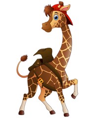 Cartoon giraffe wearing  a bag and cap