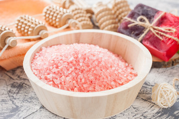 bath salt and handmade soap   on a table, selective focus