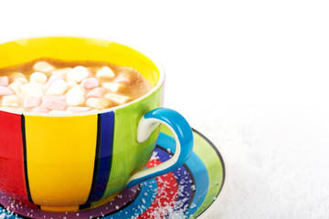 Hot chocolate in a bright colourful cup