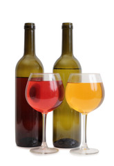 Glass and bottle wine on white background
