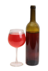 Glass and bottle wine on white background