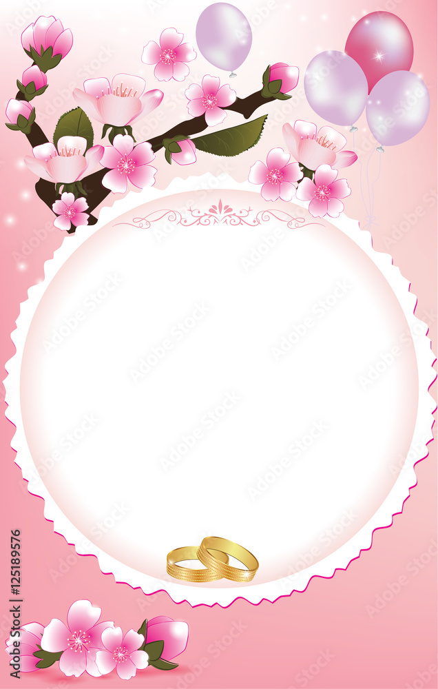 Fototapete cherry blossom wedding invitation with balloons and wedding rings. all on separated layers. easy to 