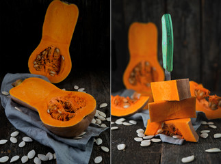 Collage from photos. Fresh juicy pumpkin