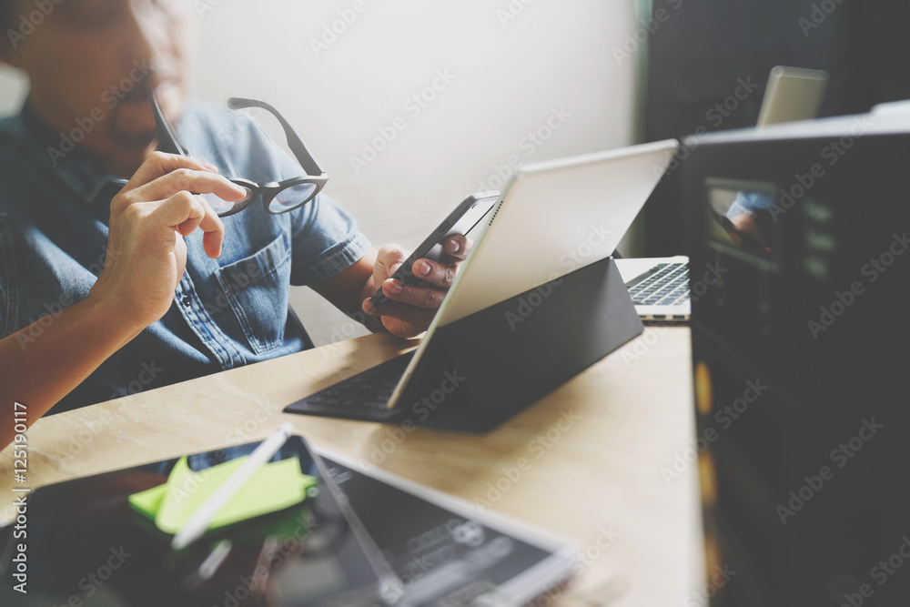Aufkleber Website designer working digital tablet and computer laptop with