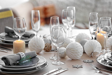 Table served for Christmas dinner, close up view