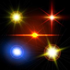 Realistic light glare sparkle, highlight set. Lighting effects of flash.