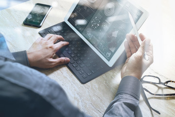 Businessman hand working concept. Photo investor working with ne