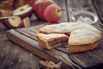 Homemade Apple tart with cinnamon and copy space
