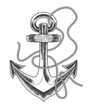 Hand drawn old anchor in vintage style . Vector line art illustration