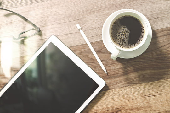 Coffee cup and Digital table dock smart keyboard,eyeglasses,styl