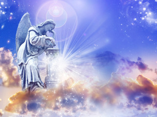 Angel archangel over mystical sky with rays of light and copy-space 