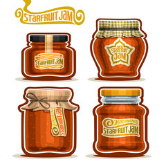 Vector logo Starfruit Jam in Jars with paper lid, Pot home made tropical starfruit jams, twine bow, homemade star fruit exotic carambola jam jar, pot with label, checkered cloth, isolated on white.